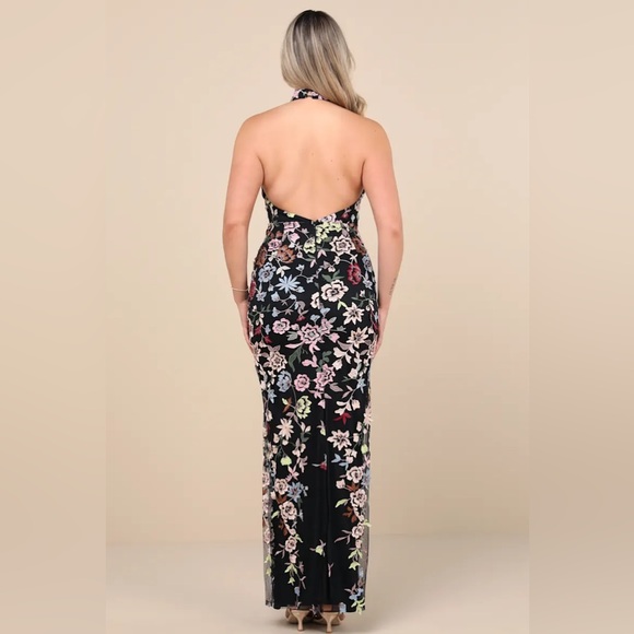 Lulus - Infinite Praise Black 3D Floral Embroidered Halter Maxi Dress - Small - Picture 7 of 9